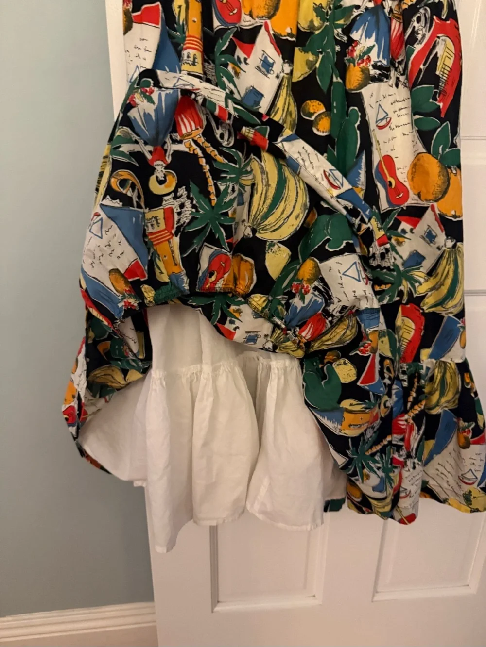 J. Crew Postcard Print Off-Shoulder Tropical Midi Dress in Black, Green, Yellow